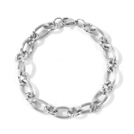 卸売り ファセット・カット 304ステンレス鋼 小豆チェーン・あづきチェーン ブレスレット、 シルバートーン エコフレンドリー、 ユニセックス シンプル ファッション おしゃれ プレゼント宝飾の供給 19cm長さ、 チェーンサイズ: 8mm、 1 本 の画像