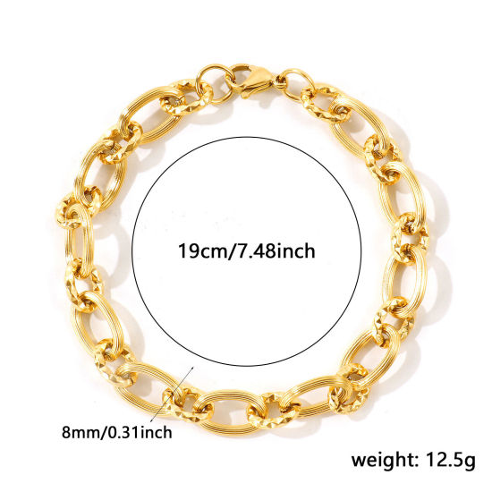 卸売り ファセット・カット 304ステンレス鋼 小豆チェーン・あづきチェーン ブレスレット、 18Kゴールドメッキ エコフレンドリー、 ユニセックス シンプル ファッション おしゃれ プレゼント宝飾の供給 19cm長さ、 チェーンサイズ: 8mm、 1 本 の画像