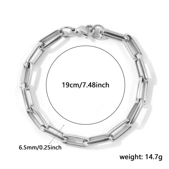 卸売り ブランク 304ステンレス鋼 ペーパークリップチェーン ブレスレット、 シルバートーン エコフレンドリー、 ユニセックス シンプル ファッション おしゃれ プレゼント宝飾の供給 19cm長さ、 チェーンサイズ: 6.5mm、 1 本 の画像