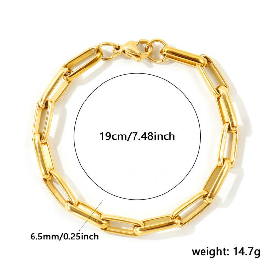卸売り ブランク 304ステンレス鋼 ペーパークリップチェーン ブレスレット、 18Kゴールドメッキ エコフレンドリー、 ユニセックス シンプル ファッション おしゃれ プレゼント宝飾の供給 19cm長さ、 チェーンサイズ: 6.5mm、 1 本 の画像