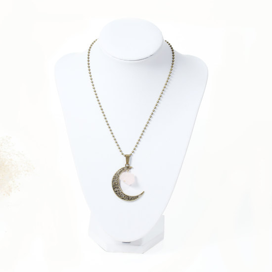 ファション ドゥルージー クリスタル ネックレス ボールチェーン 銅古美 薄ピンク 月 花 透かし模様 51.0cm長さ、 1本 の画像