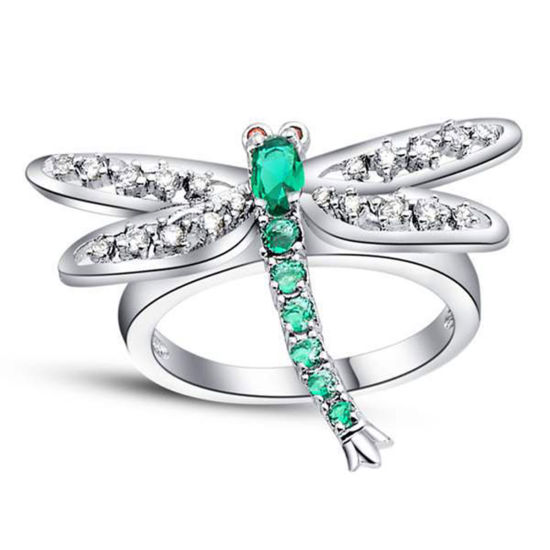 Image de Bagues Non Ajustable en Laiton Libellule Argent Mat à Strass Transparent & Vert 17.3mm (Taille d'US: 7), 1 Pièce