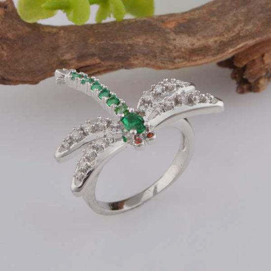Image de Bagues Non Ajustable en Laiton Libellule Argent Mat à Strass Transparent & Vert 17.3mm (Taille d'US: 7), 1 Pièce