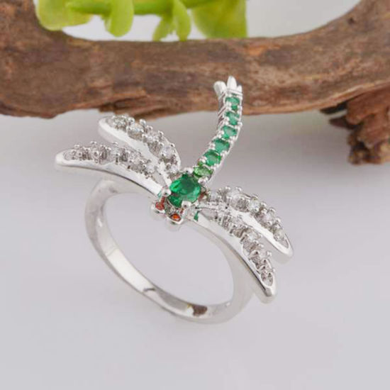 Image de Bagues Non Ajustable en Laiton Libellule Argent Mat à Strass Transparent & Vert 17.3mm (Taille d'US: 7), 1 Pièce