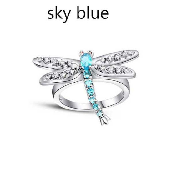 Image de Bagues Non Ajustable en Laiton Libellule Argent Mat à Strass Transparent & Vert 17.3mm (Taille d'US: 7), 1 Pièce