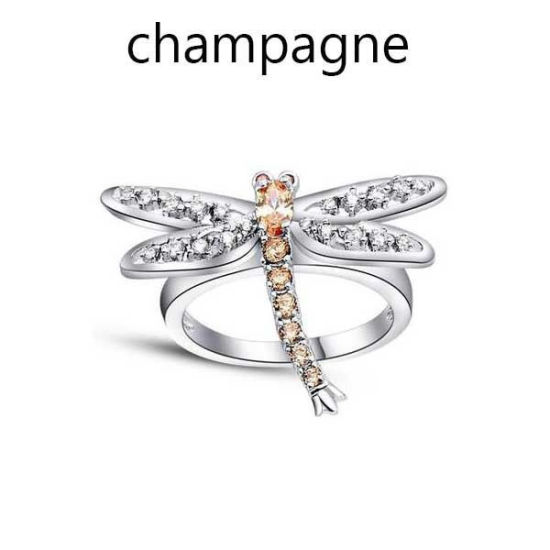 Image de Bagues Non Ajustable en Laiton Libellule Argent Mat à Strass Transparent & Vert 17.3mm (Taille d'US: 7), 1 Pièce