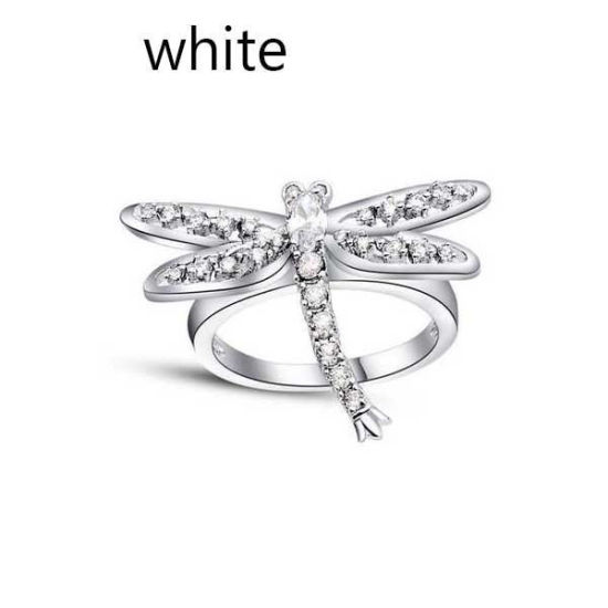 Image de Bagues Non Ajustable en Laiton Libellule Argent Mat à Strass Transparent & Vert 17.3mm (Taille d'US: 7), 1 Pièce