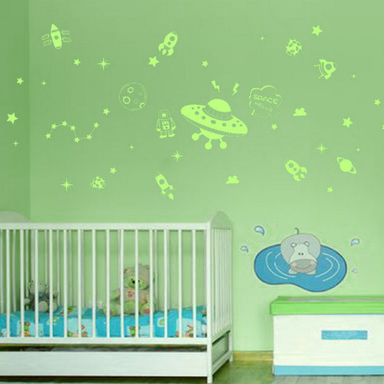 Image de Autocollant Mural Stickers Motif Planète Soucoupes Volantes Vert Décoration de Maison 30cm x 23cm, 1 Pièce
