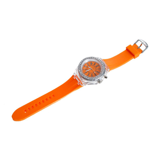Image de Montres de Poignet en Silicone Rond Argent Mat Chiffres Réglable Orange à Strass Transparent (Piles Inclus) 25.2cm Long, 1 Pièce