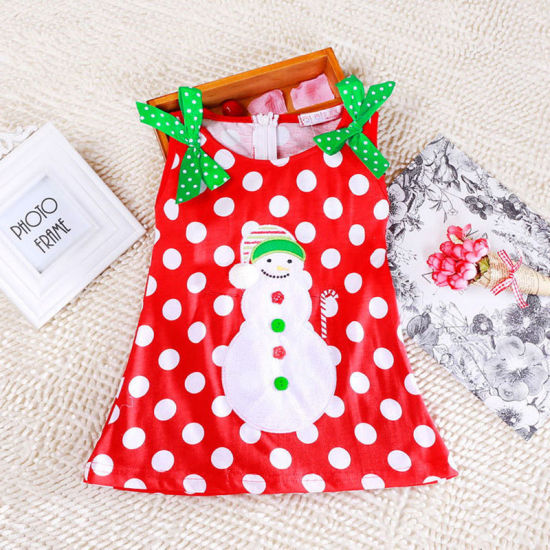 Image de 1 Pièce Robe Enfants en Coton Rouge Bonhomme de Neige de Noël Nœuds Papillons 80cm