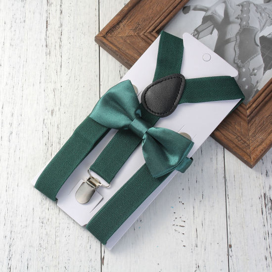 Image de 1 Kit Bretelles Croisées en Polyester Élastique pour Enfants Nœud Papillon Vert Foncé