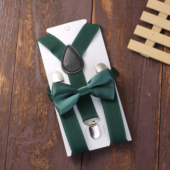 Image de 1 Kit Bretelles Croisées en Polyester Élastique pour Enfants Nœud Papillon Vert Foncé