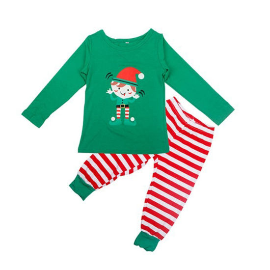 1 Set Cotton Polyester Blend Christmas Family Matching Sleepwear Nightwear Pajamas Set Pixie Elf Stripe Green For Kids Children 100cm の画像