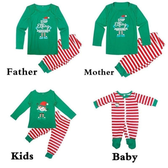 1 Set Cotton Polyester Blend Christmas Family Matching Sleepwear Nightwear Pajamas Set Pixie Elf Stripe Green For Kids Children 100cm の画像