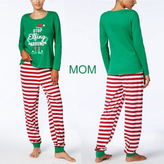 1 Set Cotton Polyester Blend Christmas Family Matching Sleepwear Nightwear Pajamas Set Pixie Elf Stripe Green For Kids Children 100cm の画像