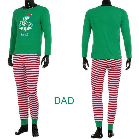 1 Set Cotton Polyester Blend Christmas Family Matching Sleepwear Nightwear Pajamas Set Pixie Elf Stripe Green For Kids Children 100cm の画像