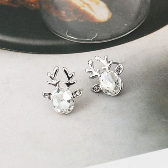 Image de Boucles d'Oreilles Puces Argent Mat Renne de Noël à Strass Transparent 19mm x 15mm, 1 Paire
