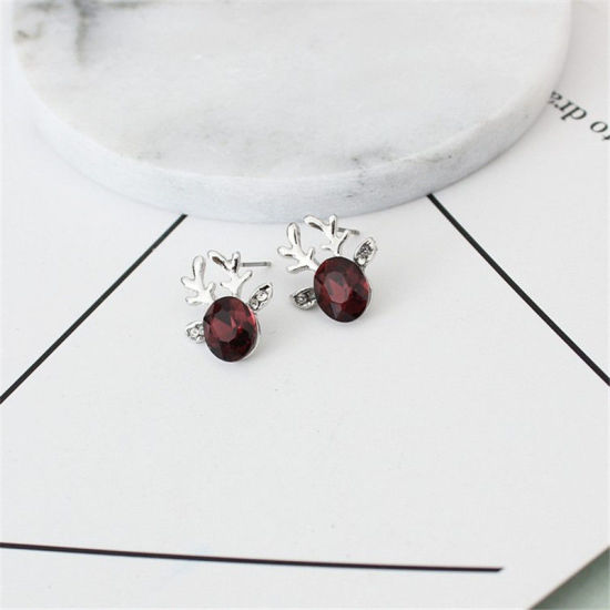 Image de Boucles d'Oreilles Puces Argent Mat Renne de Noël à Strass Transparent 19mm x 15mm, 1 Paire