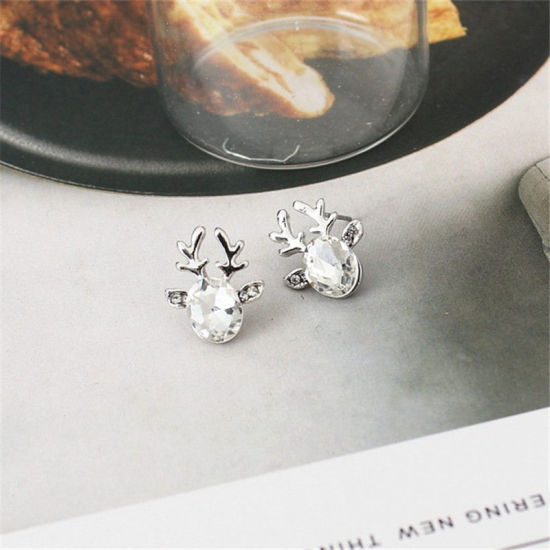 Image de Boucles d'Oreilles Puces Argent Mat Renne de Noël à Strass Transparent 19mm x 15mm, 1 Paire