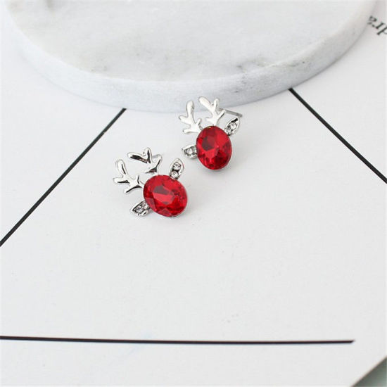 Image de Boucles d'Oreilles Puces Argent Mat Renne de Noël à Strass Transparent 19mm x 15mm, 1 Paire