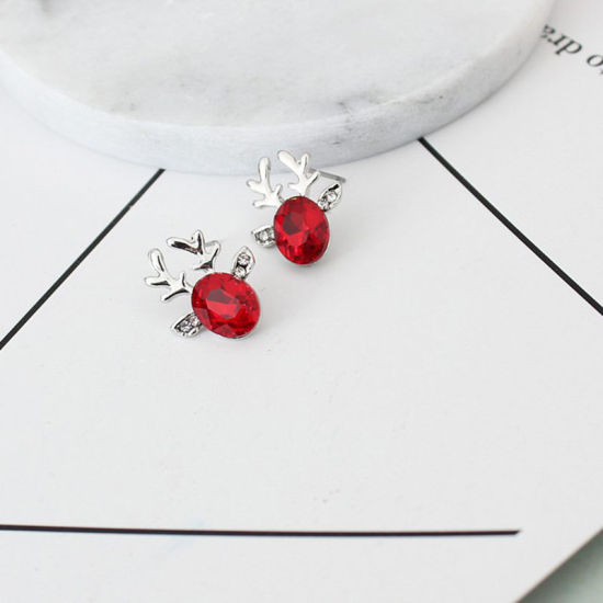 Image de Boucles d'Oreilles Puces Argent Mat Renne de Noël à Strass Rouge 19mm x 15mm, 1 Paire