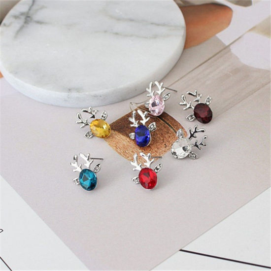 Image de Boucles d'Oreilles Puces Argent Mat Renne de Noël à Strass Rouge 19mm x 15mm, 1 Paire