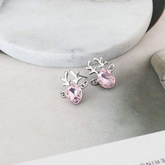 Image de Boucles d'Oreilles Puces Argent Mat Renne de Noël à Strass Rose Clair 19mm x 15mm, 1 Paire