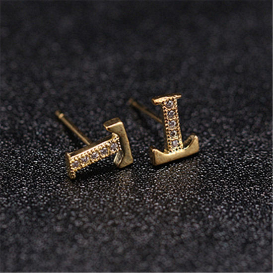 Image de Boucles d'Oreilles Puces en Laiton Doré Lettre Mots" T " à Zircone Cubique Clair 10mm x 8mm , 1 Paire