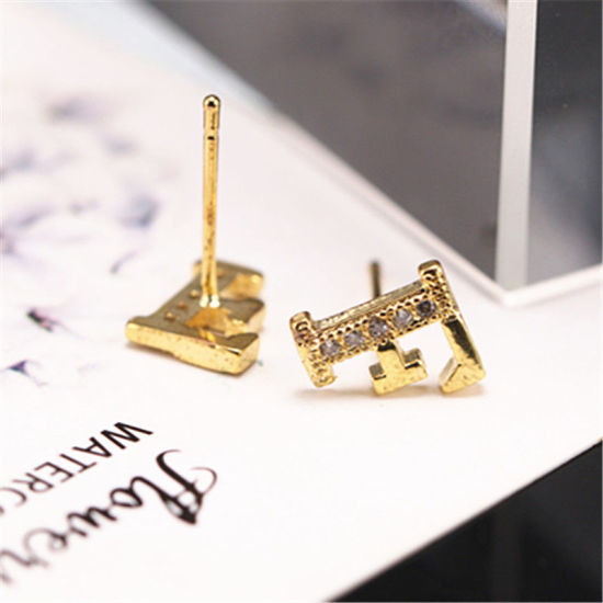 Image de Boucles d'Oreilles Puces en Laiton Doré Lettre Mots" T " à Zircone Cubique Clair 10mm x 8mm , 1 Paire