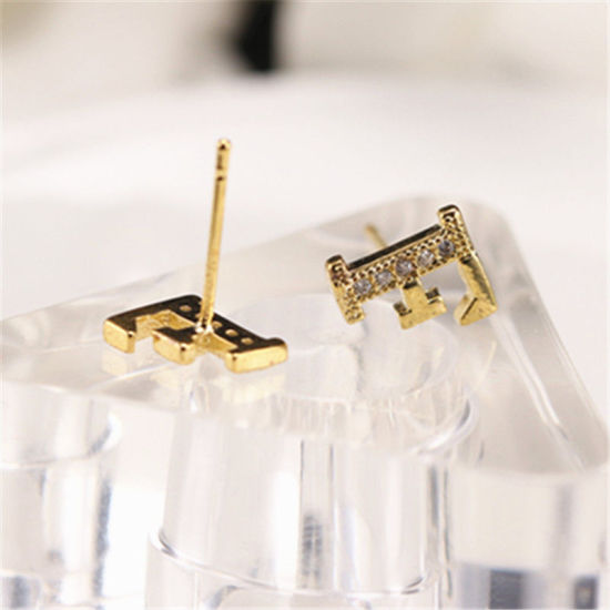 Image de Boucles d'Oreilles Puces en Laiton Doré Lettre Mots" T " à Zircone Cubique Clair 10mm x 8mm , 1 Paire