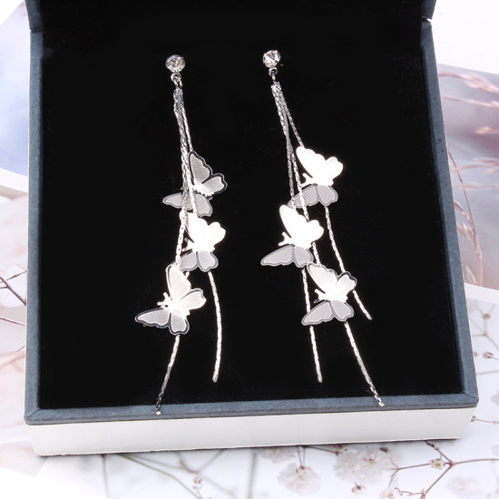 Image de 1 Paire Boucles d'Oreilles Franges Pompons Glands Style Pastoral Papillon Argenté à Strass Transparent 88mm x 13mm